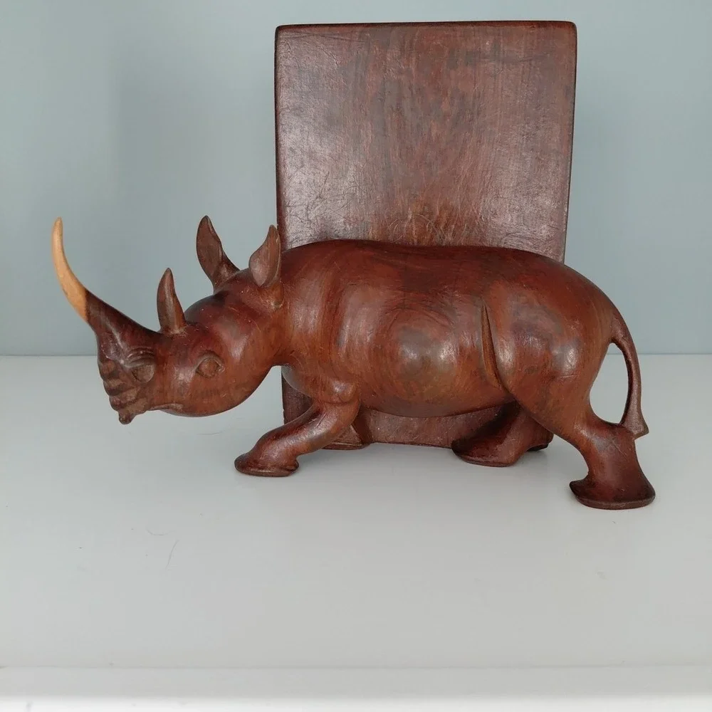 Vintage Hand‎ Carved Natural Wood African RHINO Bookends Heavy Artist Detailed - Picture 10 of 16